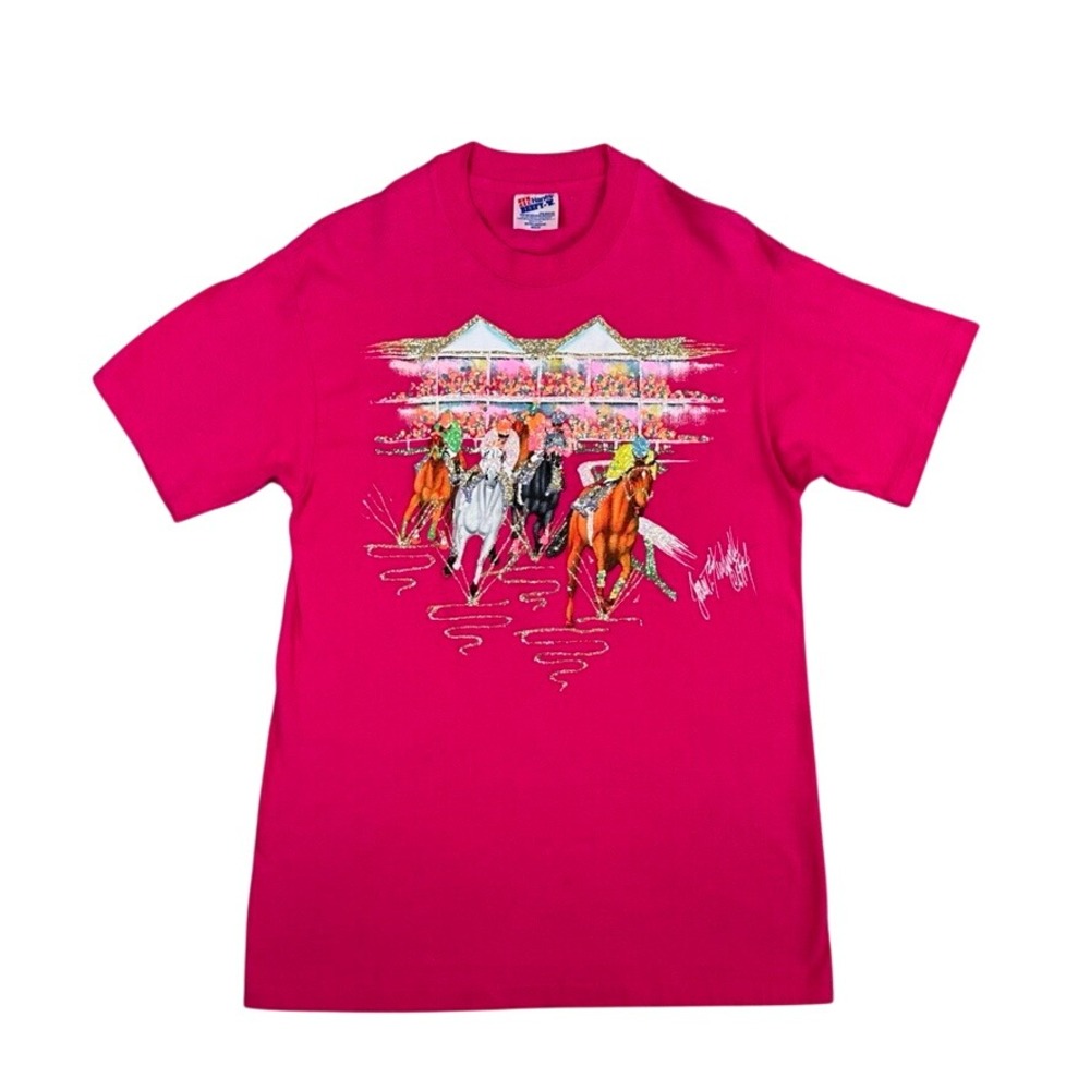 Vintage 1991 Hanes Beefy-T Horse Racing Glitter Graphic T-Shirt Pink Medium USA
